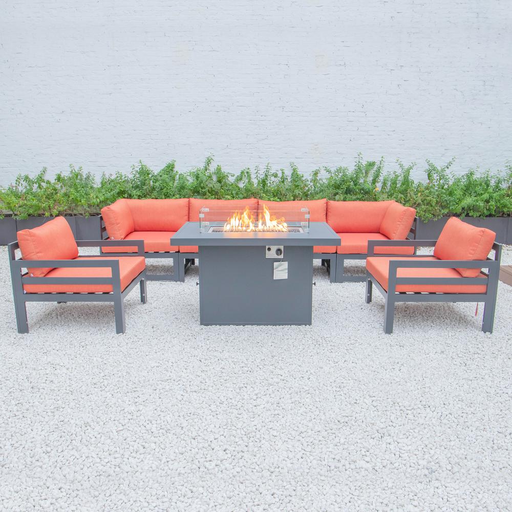 LeisureMod Chelsea 7-Piece Patio Armchair Sectional And Fire Pit Table Black Aluminum With Cushions CSFARBL-7OR. Picture 8