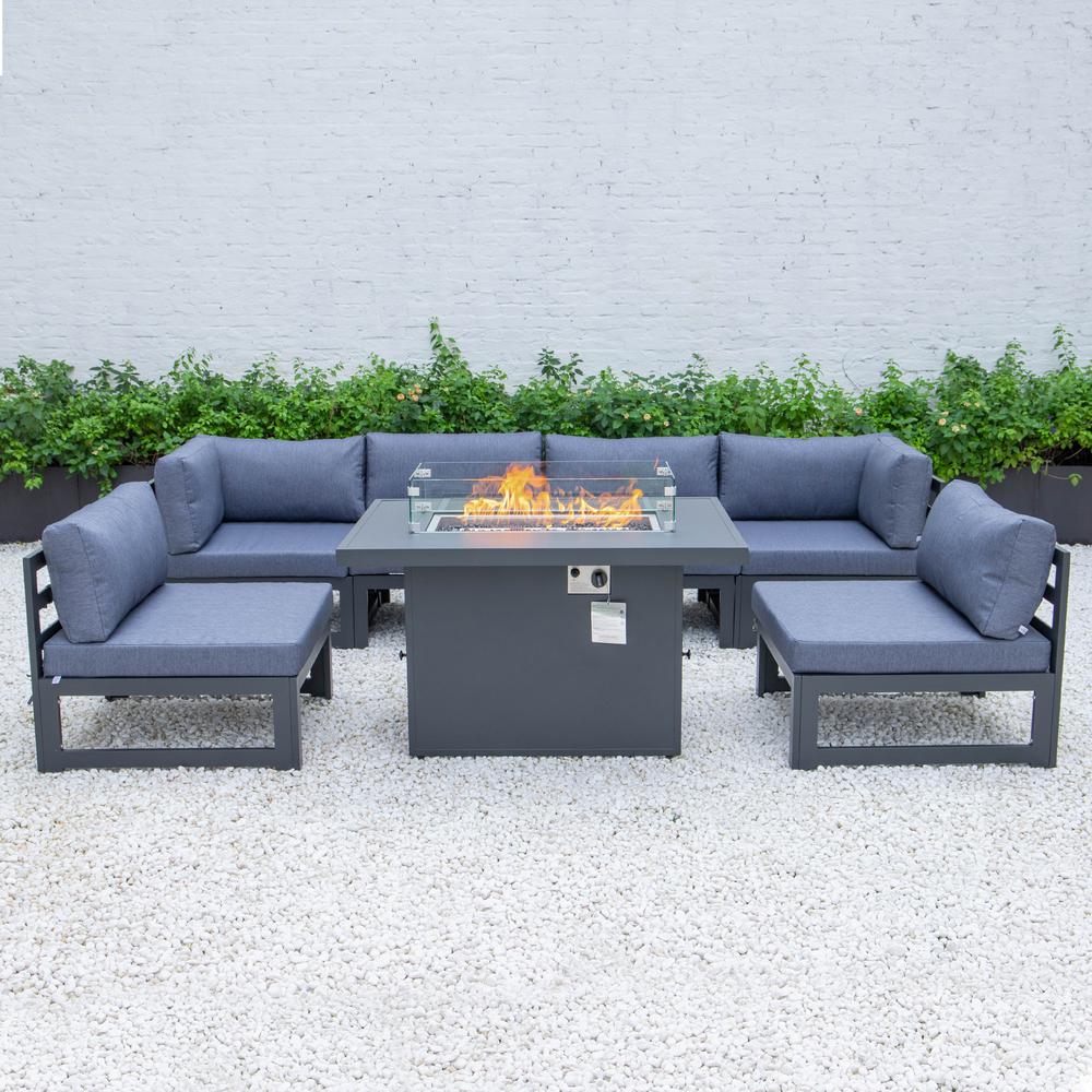 LeisureMod Chelsea 7-Piece Patio Sectional And Fire Pit Table Black Aluminum With Cushions CSFBL-7BU. Picture 3