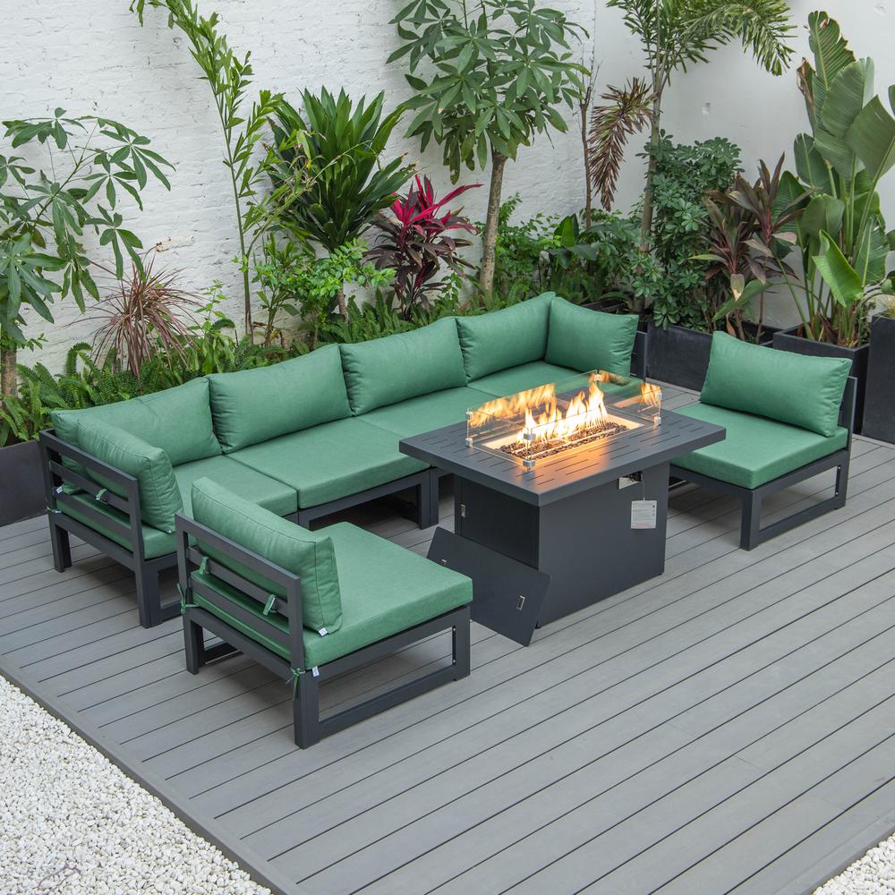 LeisureMod Chelsea 7-Piece Patio Sectional And Fire Pit Table Black Aluminum With Cushions. Picture 1