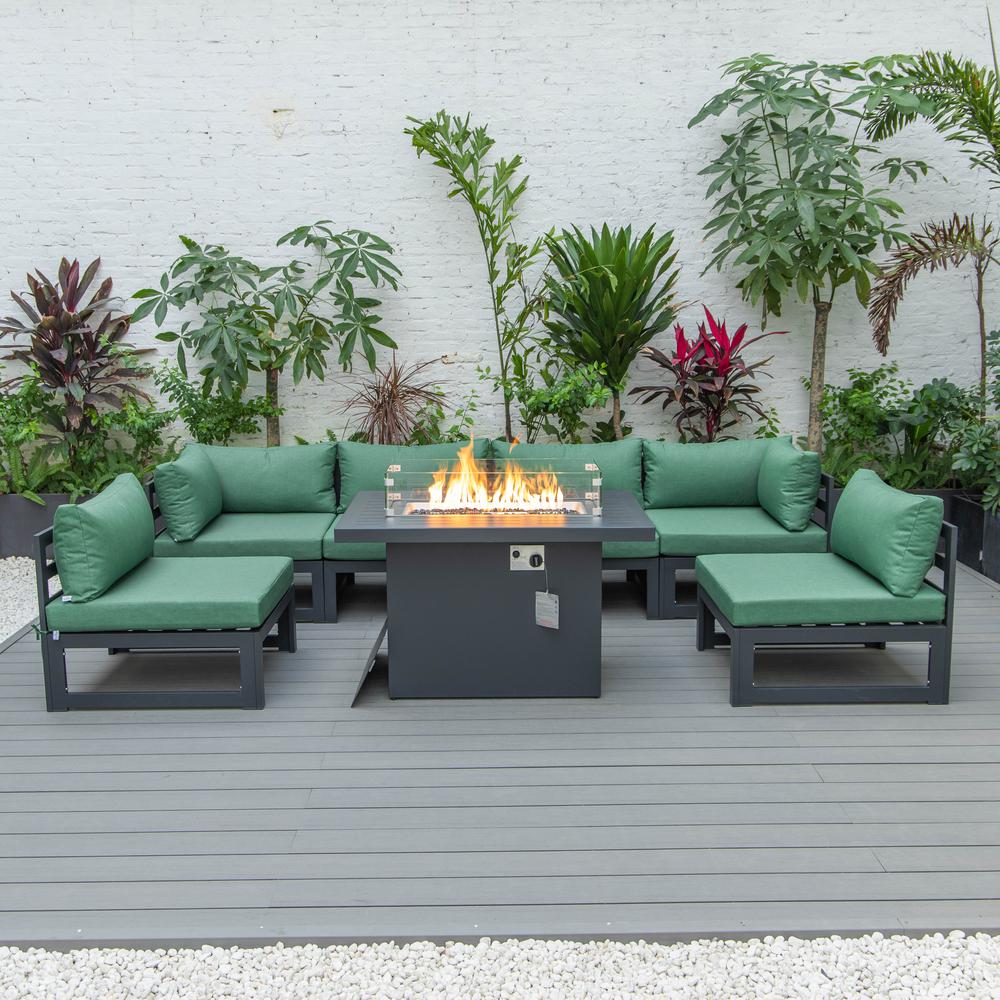 LeisureMod Chelsea 7-Piece Patio Sectional And Fire Pit Table Black Aluminum With Cushions. Picture 3