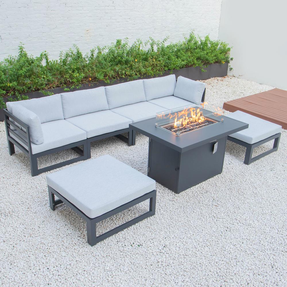 LeisureMod Chelsea 7-Piece Patio Ottoman Sectional And Fire Pit Table Black Aluminum With Cushions CSFOBL-7LGR. The main picture.