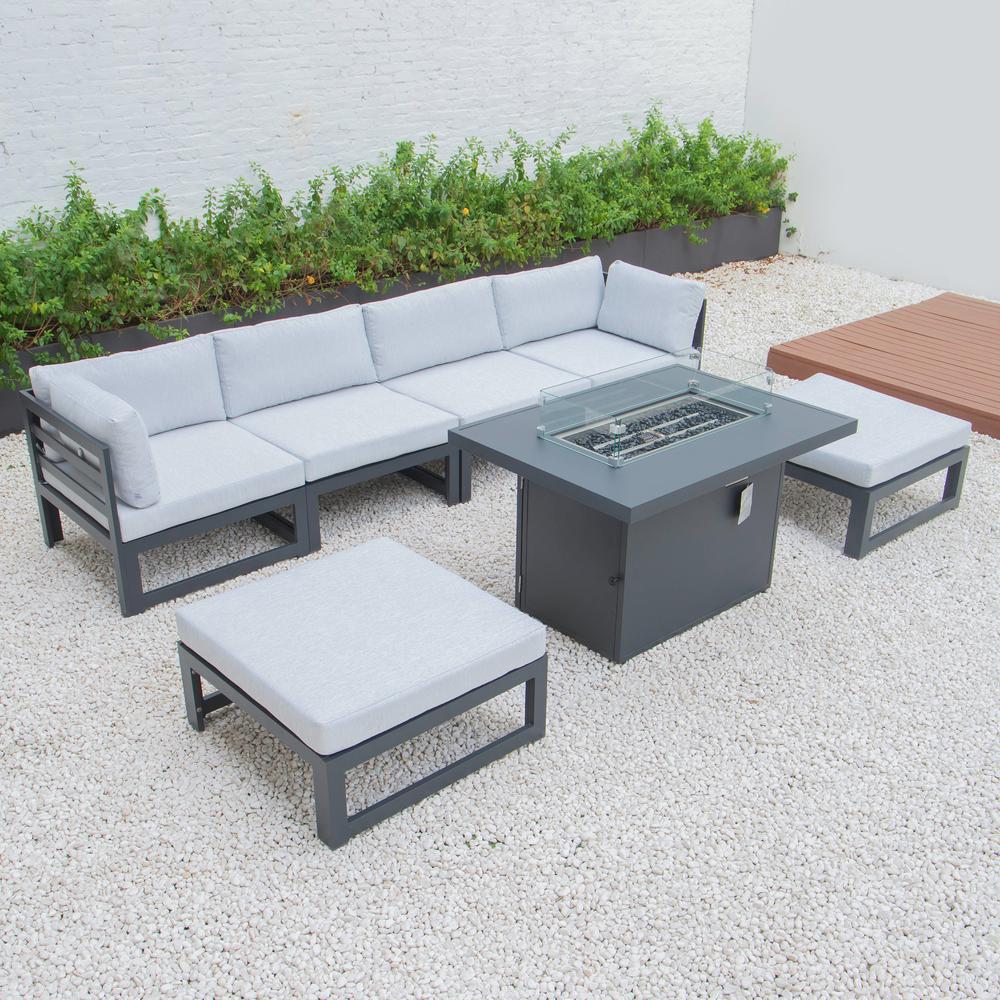LeisureMod Chelsea 7-Piece Patio Ottoman Sectional And Fire Pit Table Black Aluminum With Cushions CSFOBL-7LGR. Picture 3