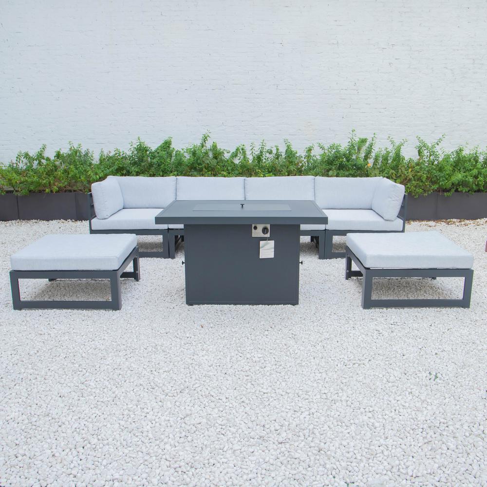 LeisureMod Chelsea 7-Piece Patio Ottoman Sectional And Fire Pit Table Black Aluminum With Cushions CSFOBL-7LGR. Picture 4