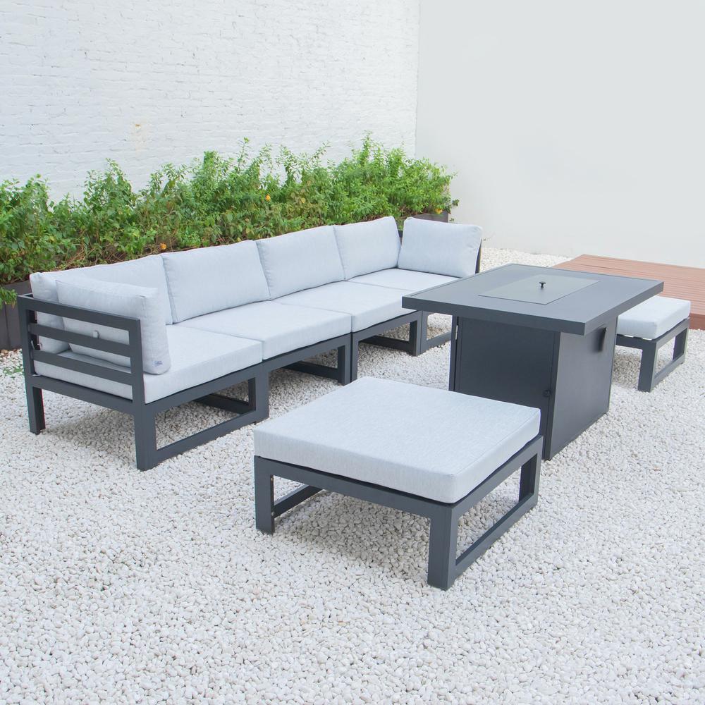 LeisureMod Chelsea 7-Piece Patio Ottoman Sectional And Fire Pit Table Black Aluminum With Cushions CSFOBL-7LGR. Picture 5