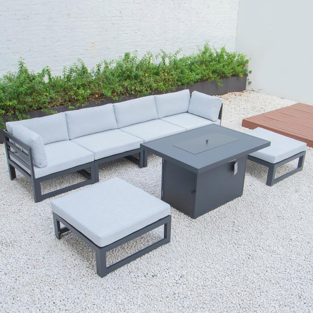 LeisureMod Chelsea 7-Piece Patio Ottoman Sectional And Fire Pit Table Black Aluminum With Cushions CSFOBL-7LGR. Picture 7