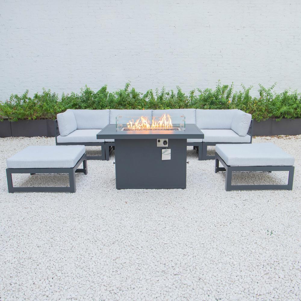 LeisureMod Chelsea 7-Piece Patio Ottoman Sectional And Fire Pit Table Black Aluminum With Cushions CSFOBL-7LGR. Picture 8