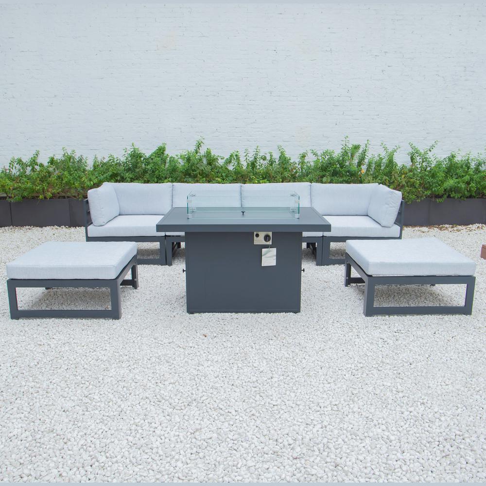 LeisureMod Chelsea 7-Piece Patio Ottoman Sectional And Fire Pit Table Black Aluminum With Cushions CSFOBL-7LGR. Picture 9