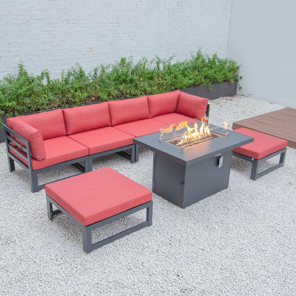 LeisureMod Chelsea 7-Piece Patio Ottoman Sectional And Fire Pit Table Black Aluminum With Cushions CSFOBL-7R. Picture 1