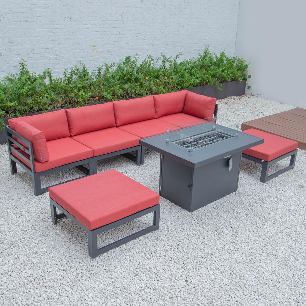 LeisureMod Chelsea 7-Piece Patio Ottoman Sectional And Fire Pit Table Black Aluminum With Cushions CSFOBL-7R. Picture 2