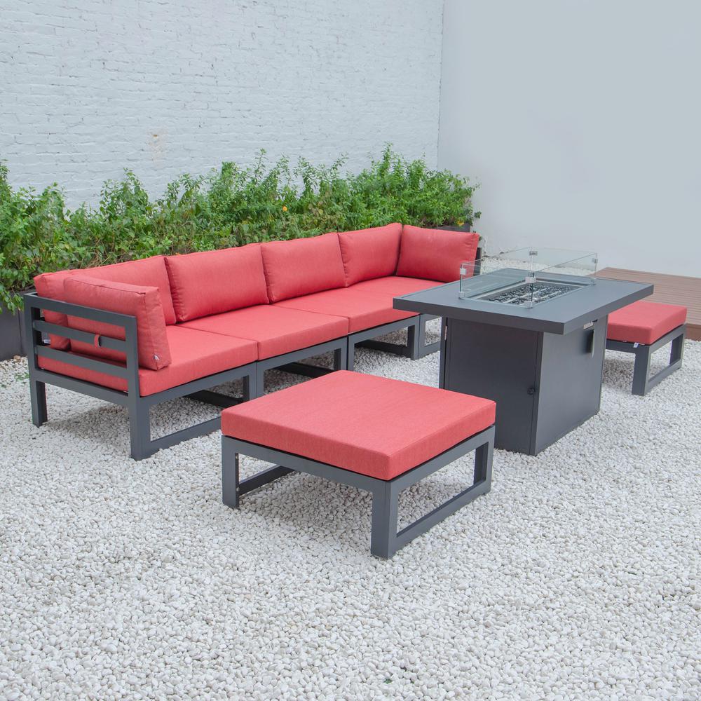 LeisureMod Chelsea 7-Piece Patio Ottoman Sectional And Fire Pit Table Black Aluminum With Cushions CSFOBL-7R. Picture 4