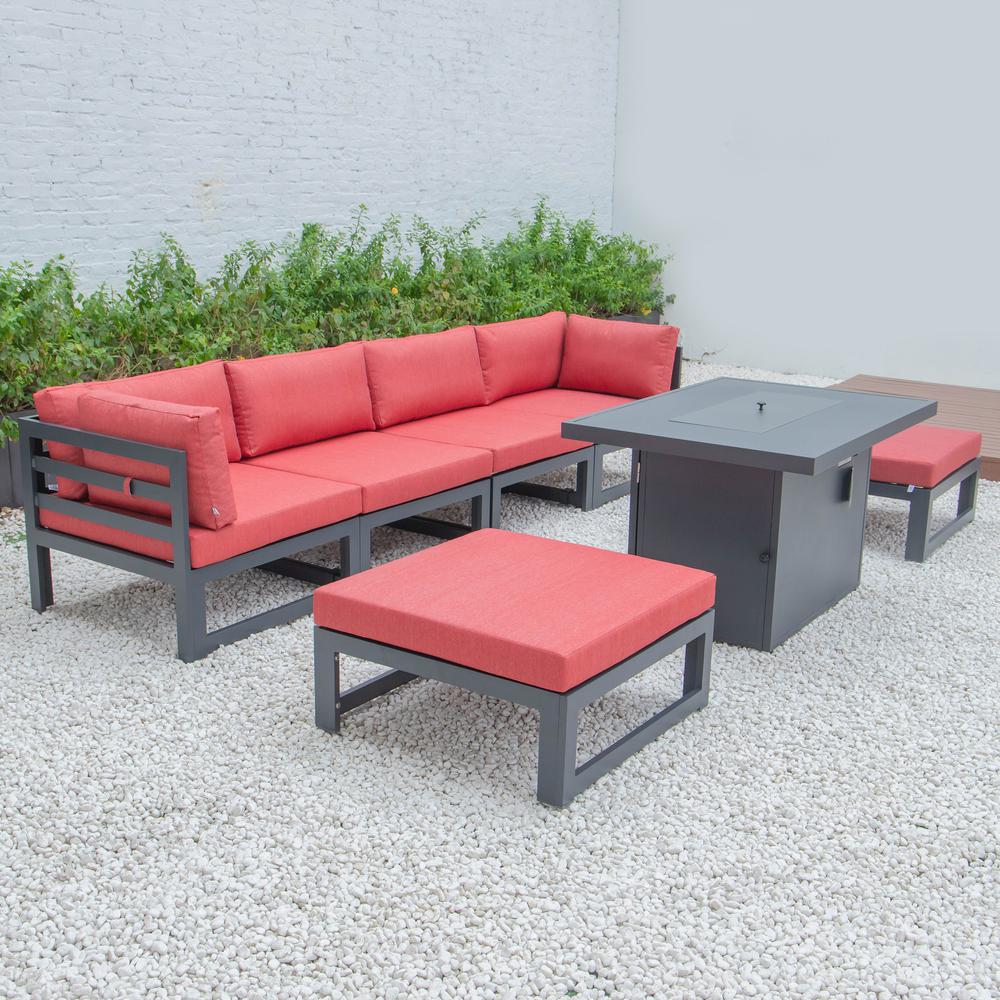 LeisureMod Chelsea 7-Piece Patio Ottoman Sectional And Fire Pit Table Black Aluminum With Cushions CSFOBL-7R. Picture 5