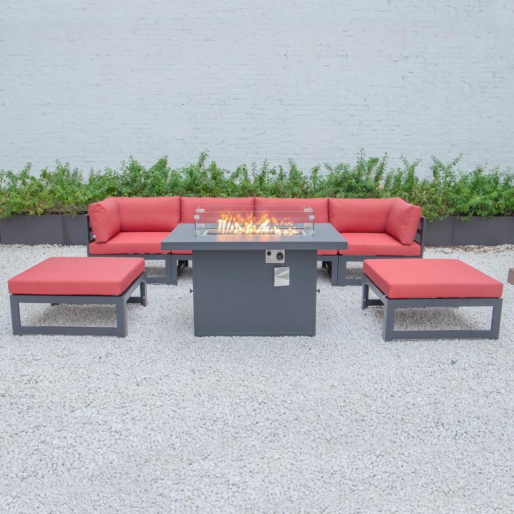 LeisureMod Chelsea 7-Piece Patio Ottoman Sectional And Fire Pit Table Black Aluminum With Cushions CSFOBL-7R. Picture 8