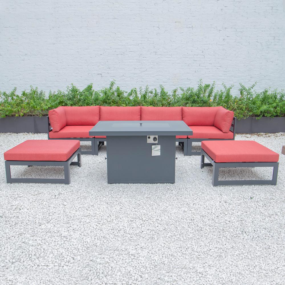 LeisureMod Chelsea 7-Piece Patio Ottoman Sectional And Fire Pit Table Black Aluminum With Cushions CSFOBL-7R. Picture 9