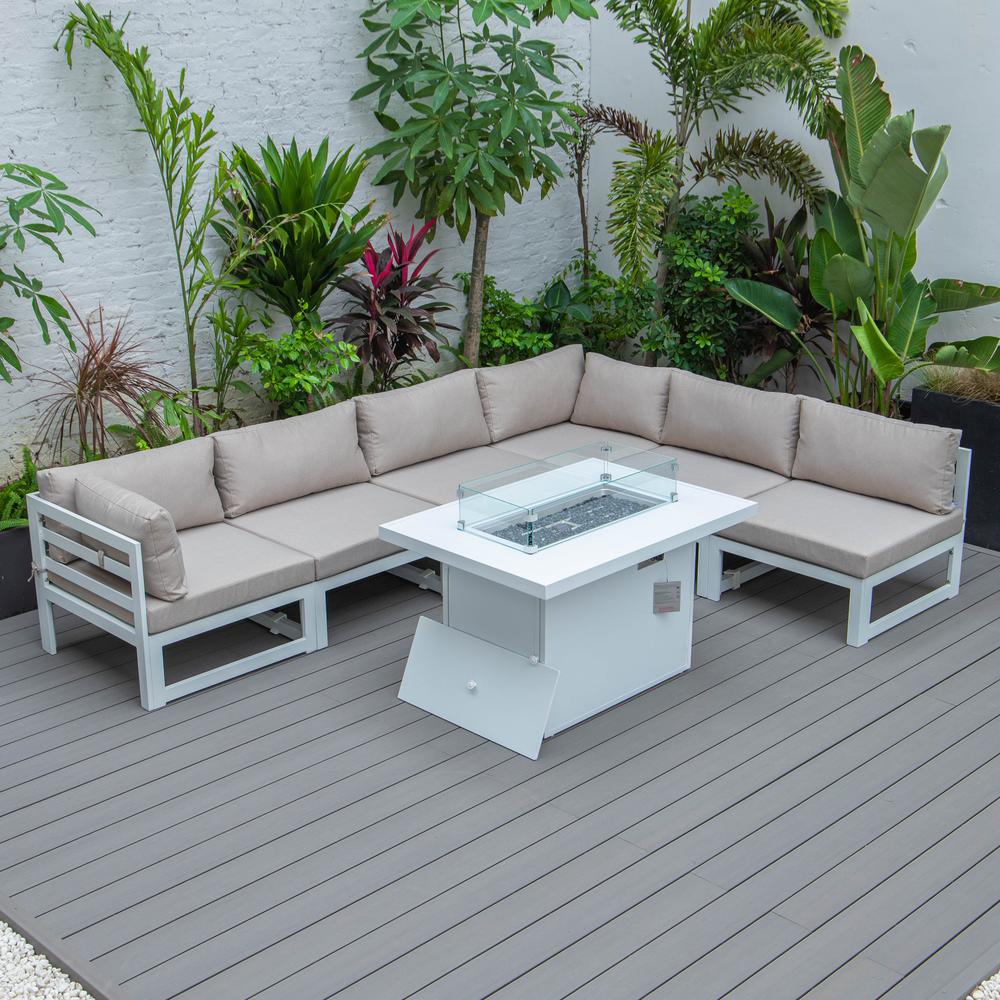 Chelsea 7-Piece Patio Sectional And Fire Pit Table White Aluminum With Cushions. Picture 3