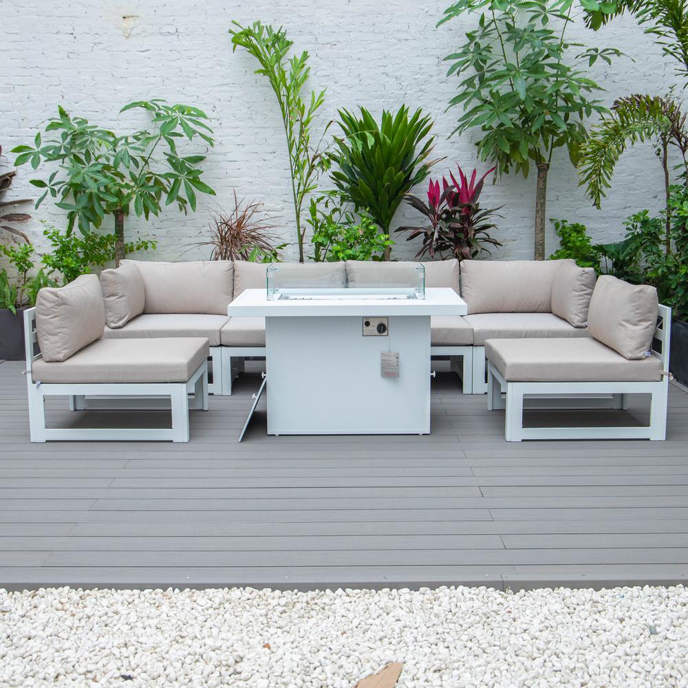 Chelsea 7-Piece Patio Sectional And Fire Pit Table White Aluminum With Cushions. Picture 5