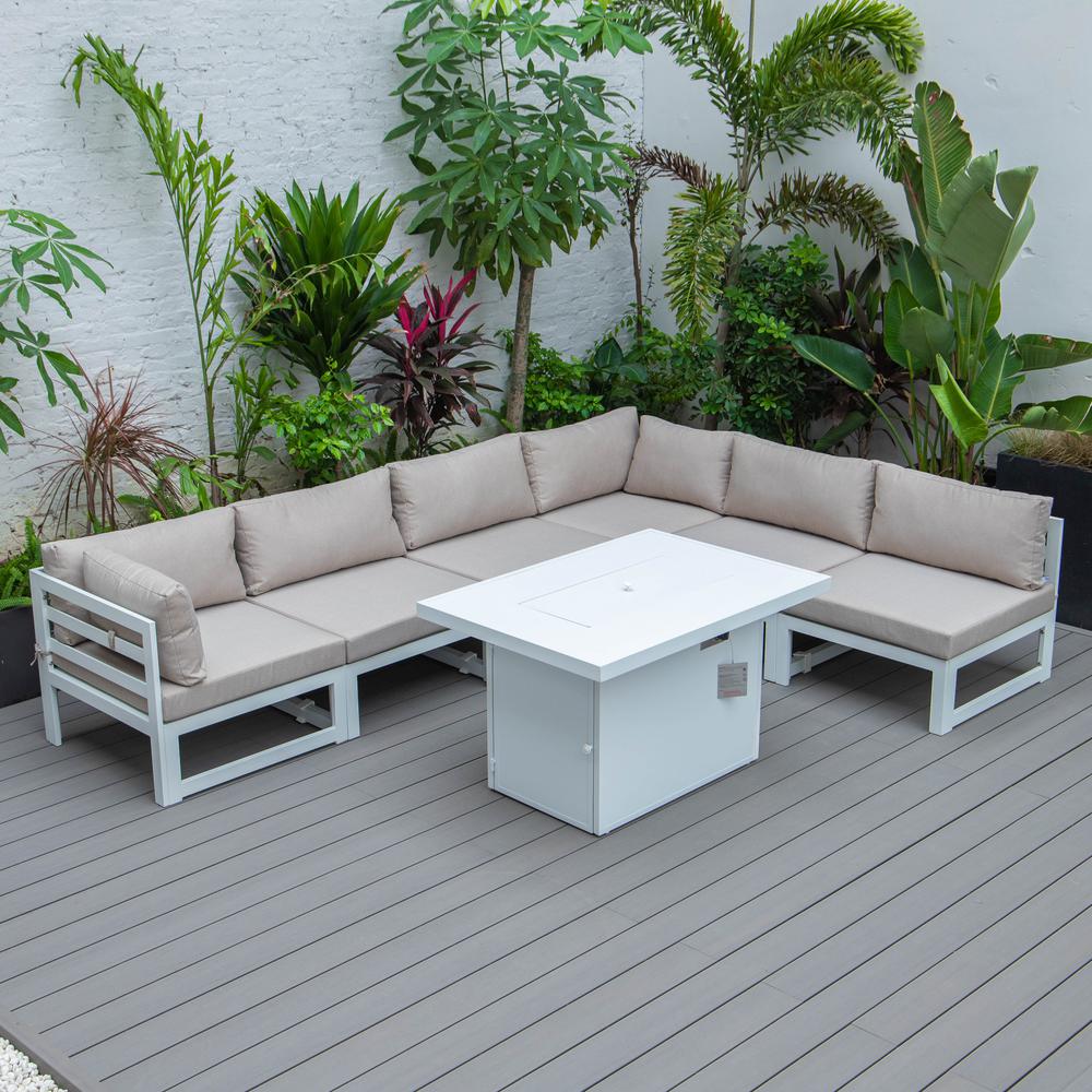 Chelsea 7-Piece Patio Sectional And Fire Pit Table White Aluminum With Cushions. Picture 8