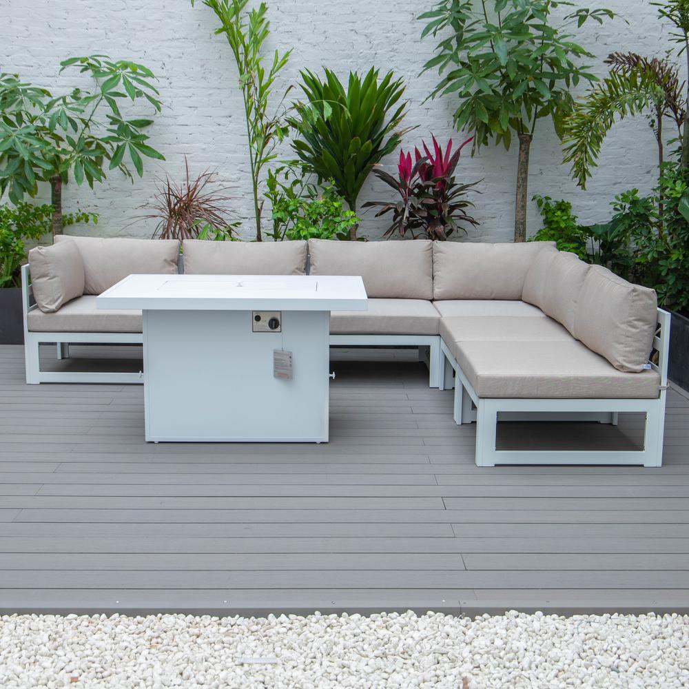 Chelsea 7-Piece Patio Sectional And Fire Pit Table White Aluminum With Cushions. Picture 9