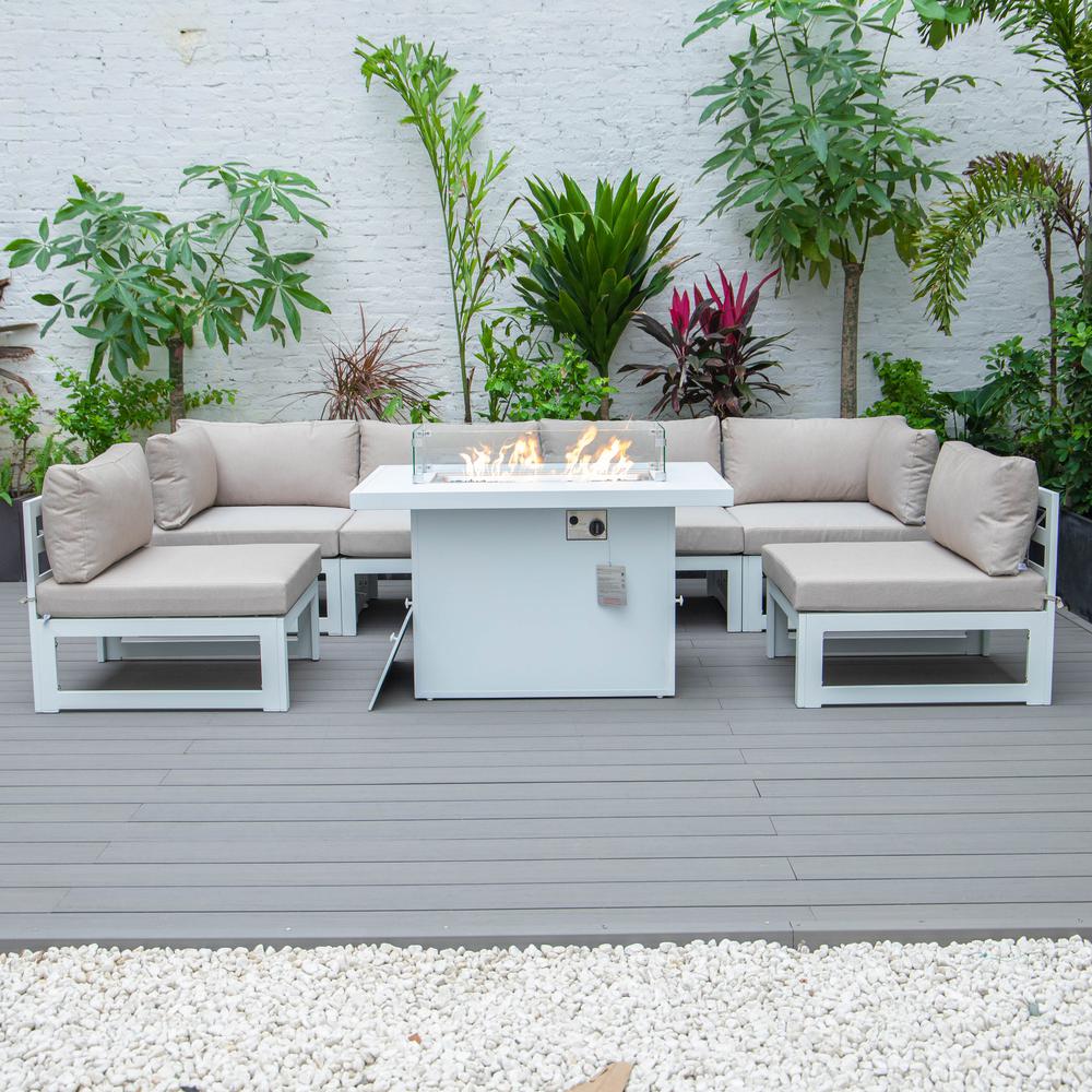 Chelsea 7-Piece Patio Sectional And Fire Pit Table White Aluminum With Cushions. Picture 11