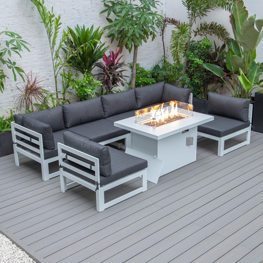 Chelsea 7-Piece Patio Sectional And Fire Pit Table White Aluminum With Cushions. Picture 1