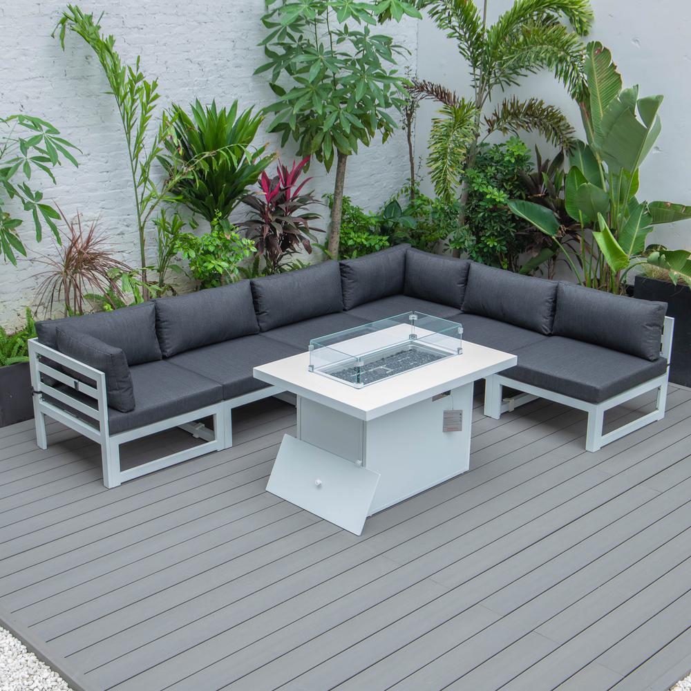 Chelsea 7-Piece Patio Sectional And Fire Pit Table White Aluminum With Cushions. Picture 3