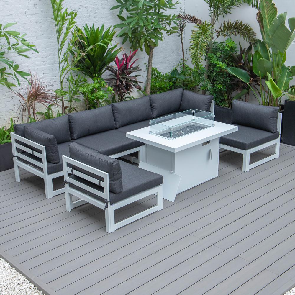 Chelsea 7-Piece Patio Sectional And Fire Pit Table White Aluminum With Cushions. Picture 4