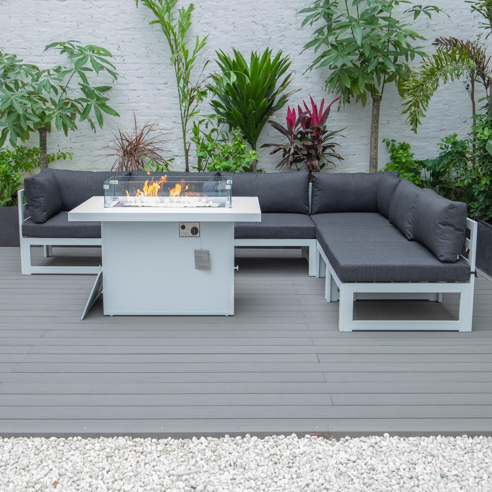 Chelsea 7-Piece Patio Sectional And Fire Pit Table White Aluminum With Cushions. Picture 6