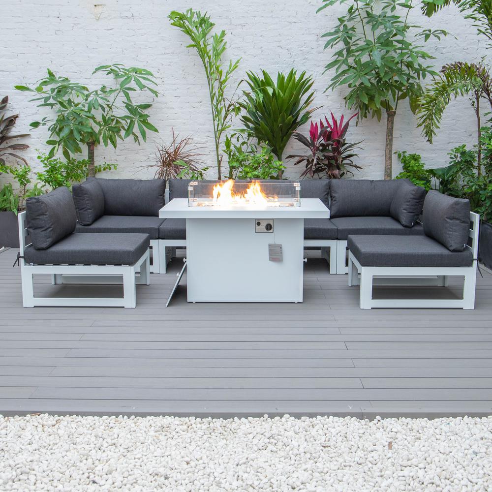 Chelsea 7-Piece Patio Sectional And Fire Pit Table White Aluminum With Cushions. Picture 12