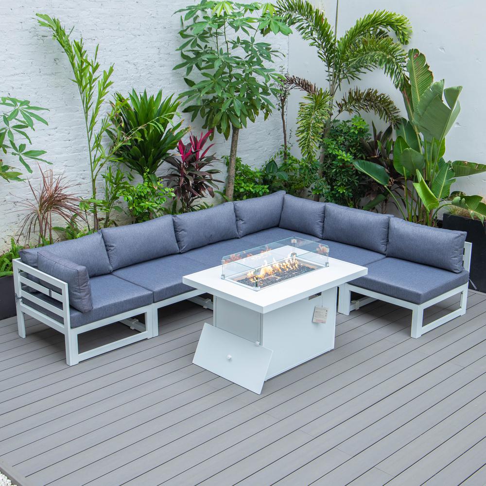 Chelsea 7-Piece Patio Sectional And Fire Pit Table White Aluminum With Cushions. Picture 2