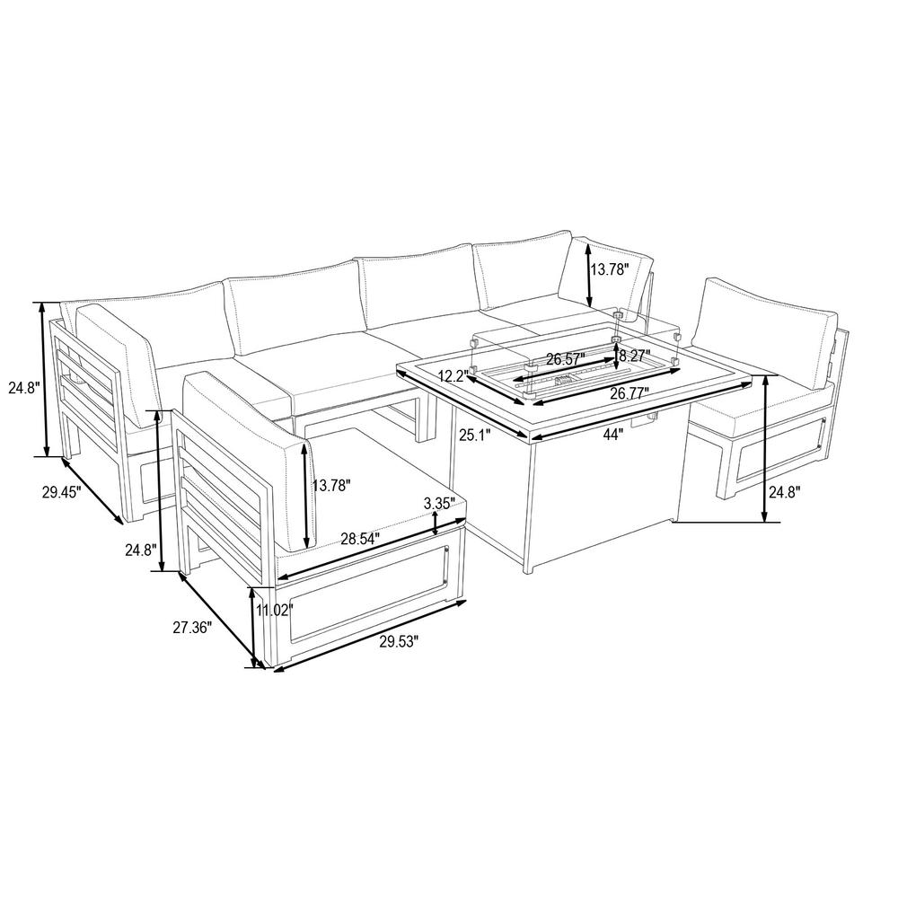 LeisureMod Chelsea 7-Piece Patio Sectional And Fire Pit Table White Aluminum With Cushions. Picture 17
