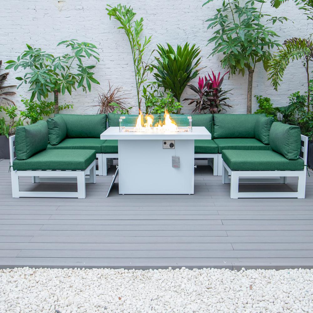 LeisureMod Chelsea 7-Piece Patio Sectional And Fire Pit Table White Aluminum With Cushions. Picture 3