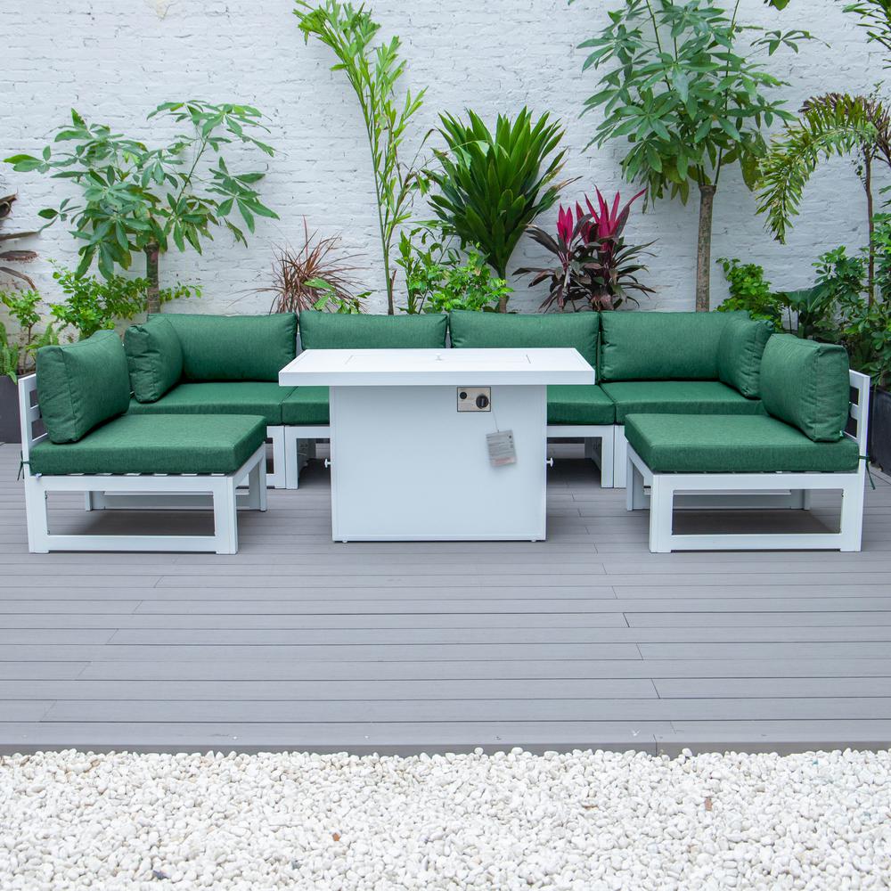 LeisureMod Chelsea 7-Piece Patio Sectional And Fire Pit Table White Aluminum With Cushions. Picture 4