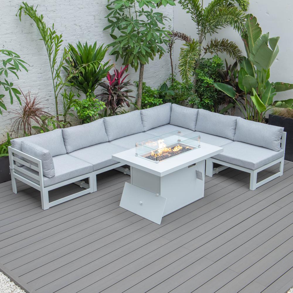 Chelsea 7-Piece Patio Sectional And Fire Pit Table White Aluminum With Cushions. Picture 2