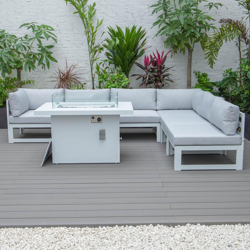 Chelsea 7-Piece Patio Sectional And Fire Pit Table White Aluminum With Cushions. Picture 7