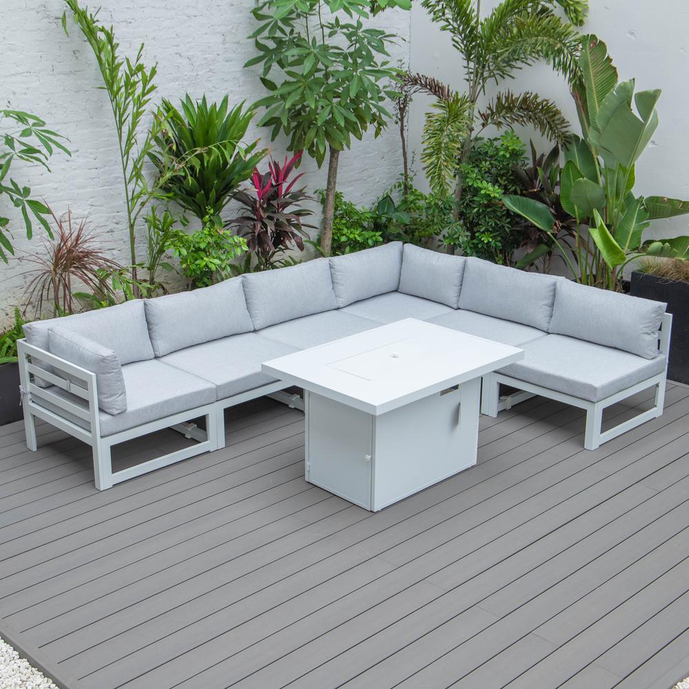 Chelsea 7-Piece Patio Sectional And Fire Pit Table White Aluminum With Cushions. Picture 8