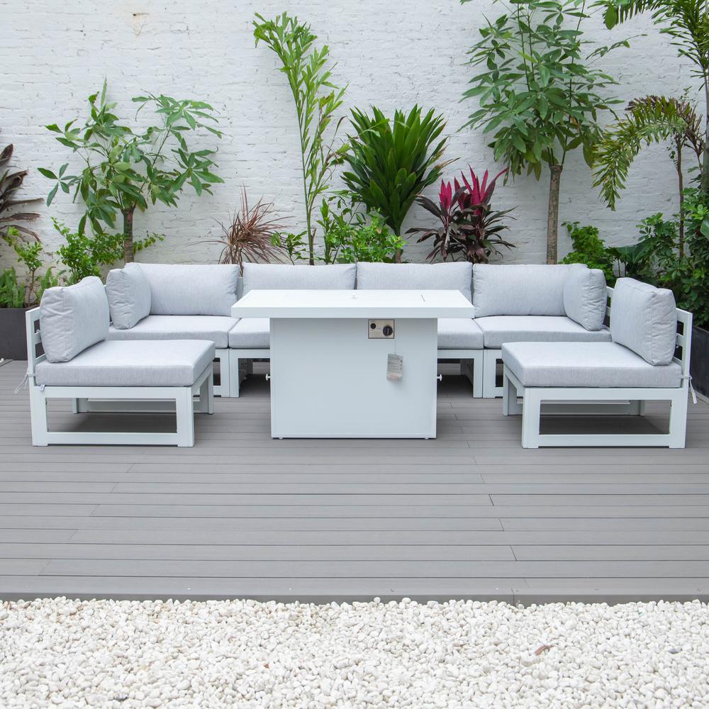 Chelsea 7-Piece Patio Sectional And Fire Pit Table White Aluminum With Cushions. Picture 20