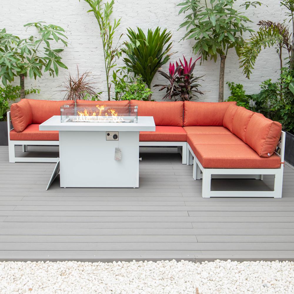 Chelsea 7-Piece Patio Sectional And Fire Pit Table White Aluminum With Cushions. Picture 6