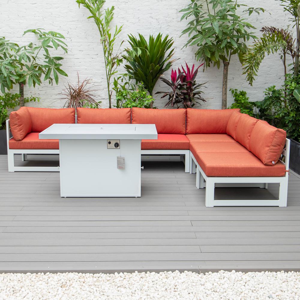 Chelsea 7-Piece Patio Sectional And Fire Pit Table White Aluminum With Cushions. Picture 9