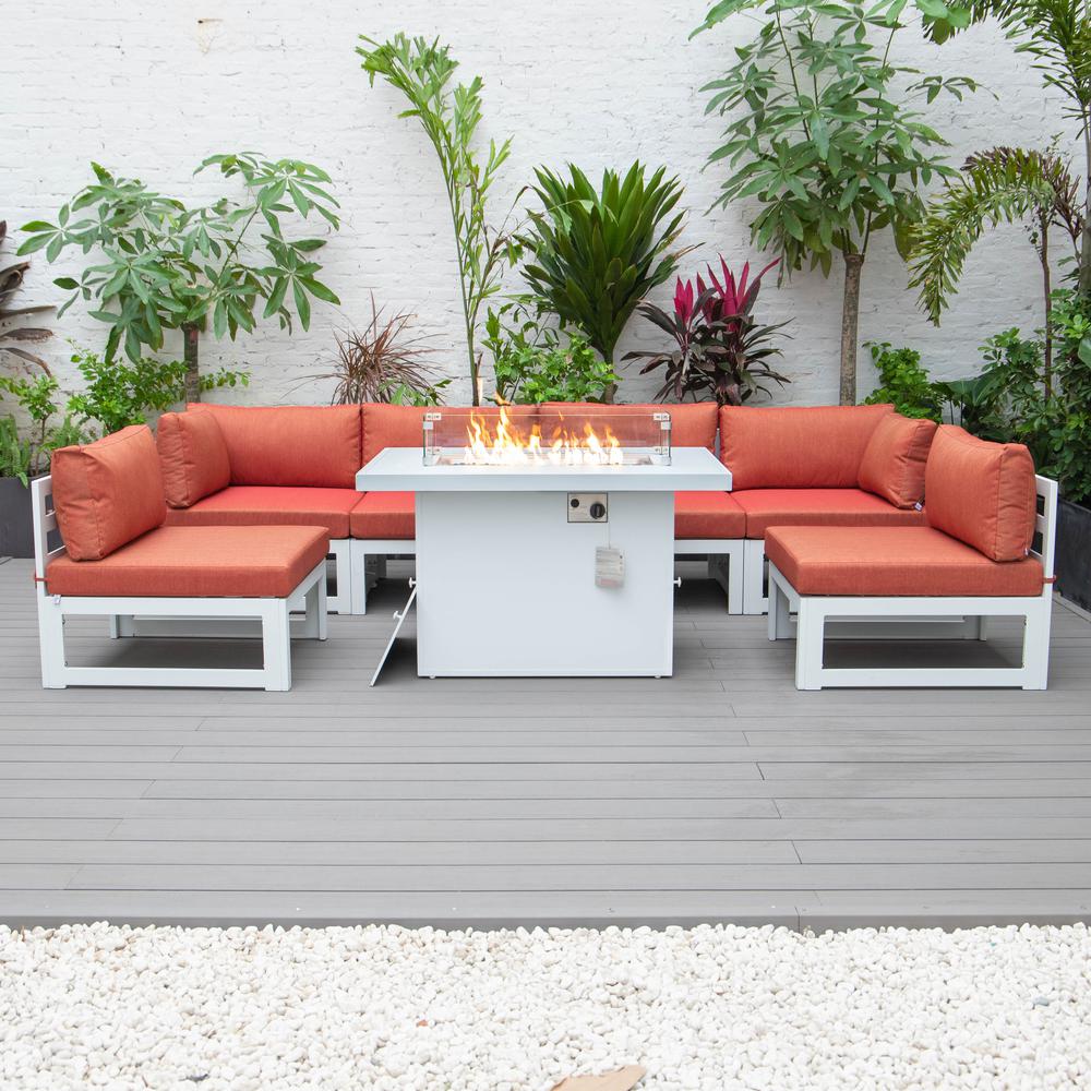 Chelsea 7-Piece Patio Sectional And Fire Pit Table White Aluminum With Cushions. Picture 10