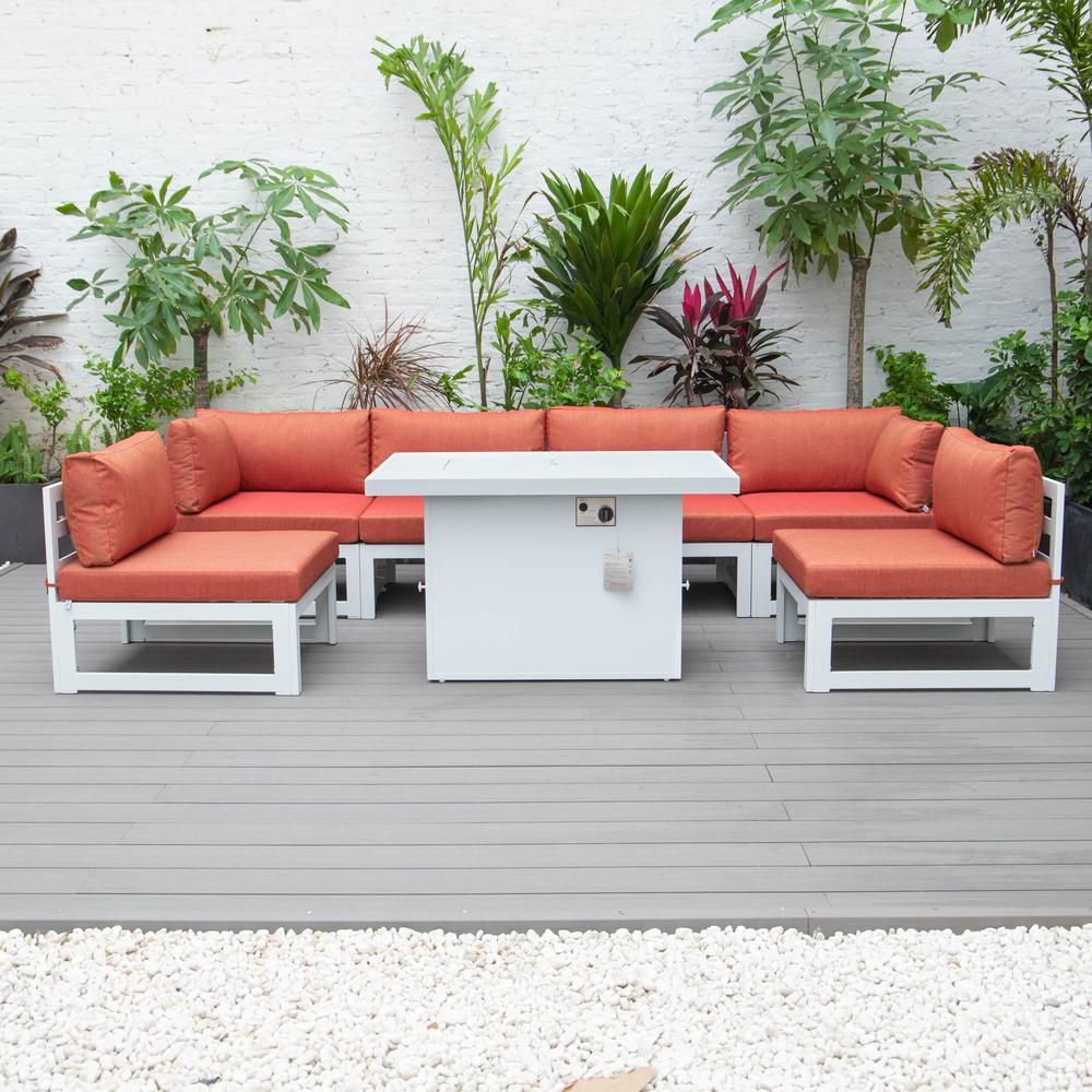 Chelsea 7-Piece Patio Sectional And Fire Pit Table White Aluminum With Cushions. Picture 12