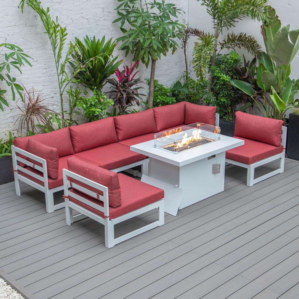Chelsea 7-Piece Patio Sectional And Fire Pit Table White Aluminum With Cushions. Picture 1