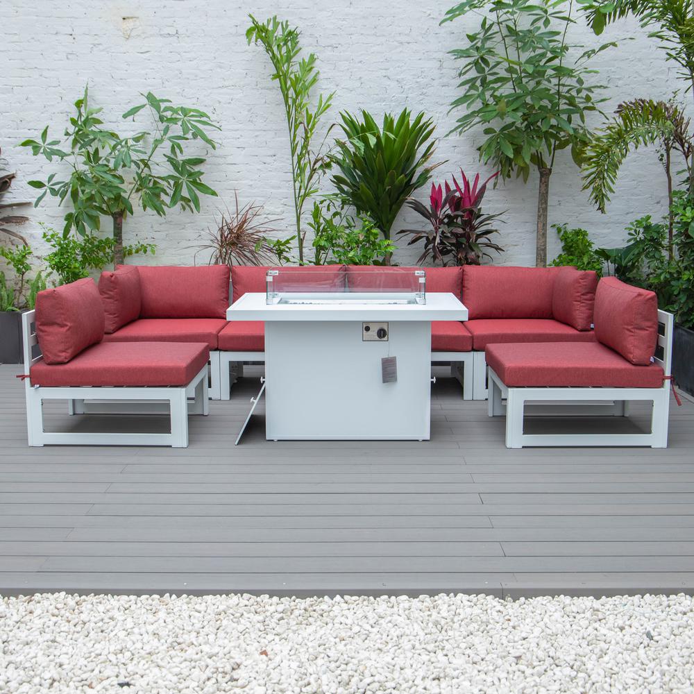 Chelsea 7-Piece Patio Sectional And Fire Pit Table White Aluminum With Cushions. Picture 5