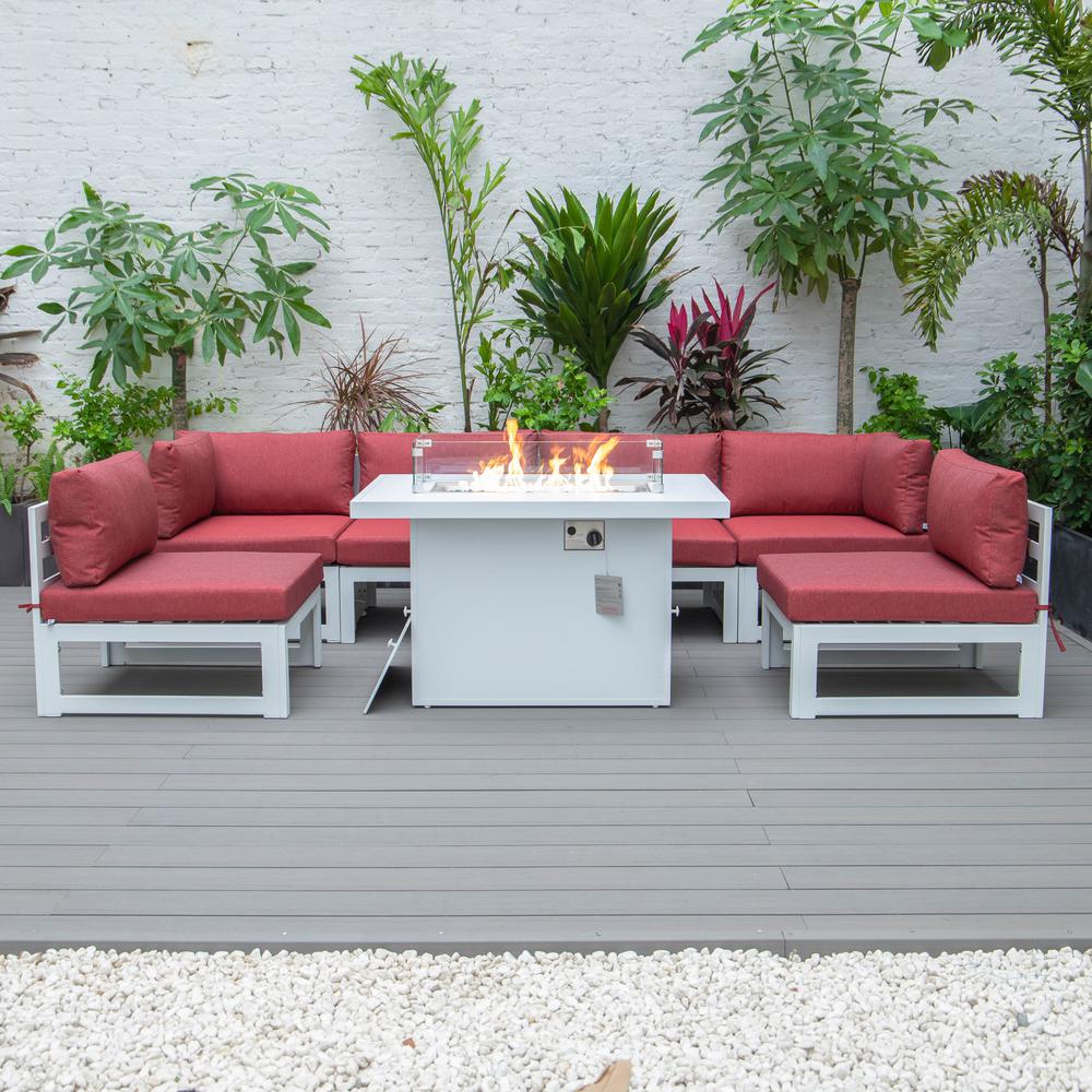 Chelsea 7-Piece Patio Sectional And Fire Pit Table White Aluminum With Cushions. Picture 19