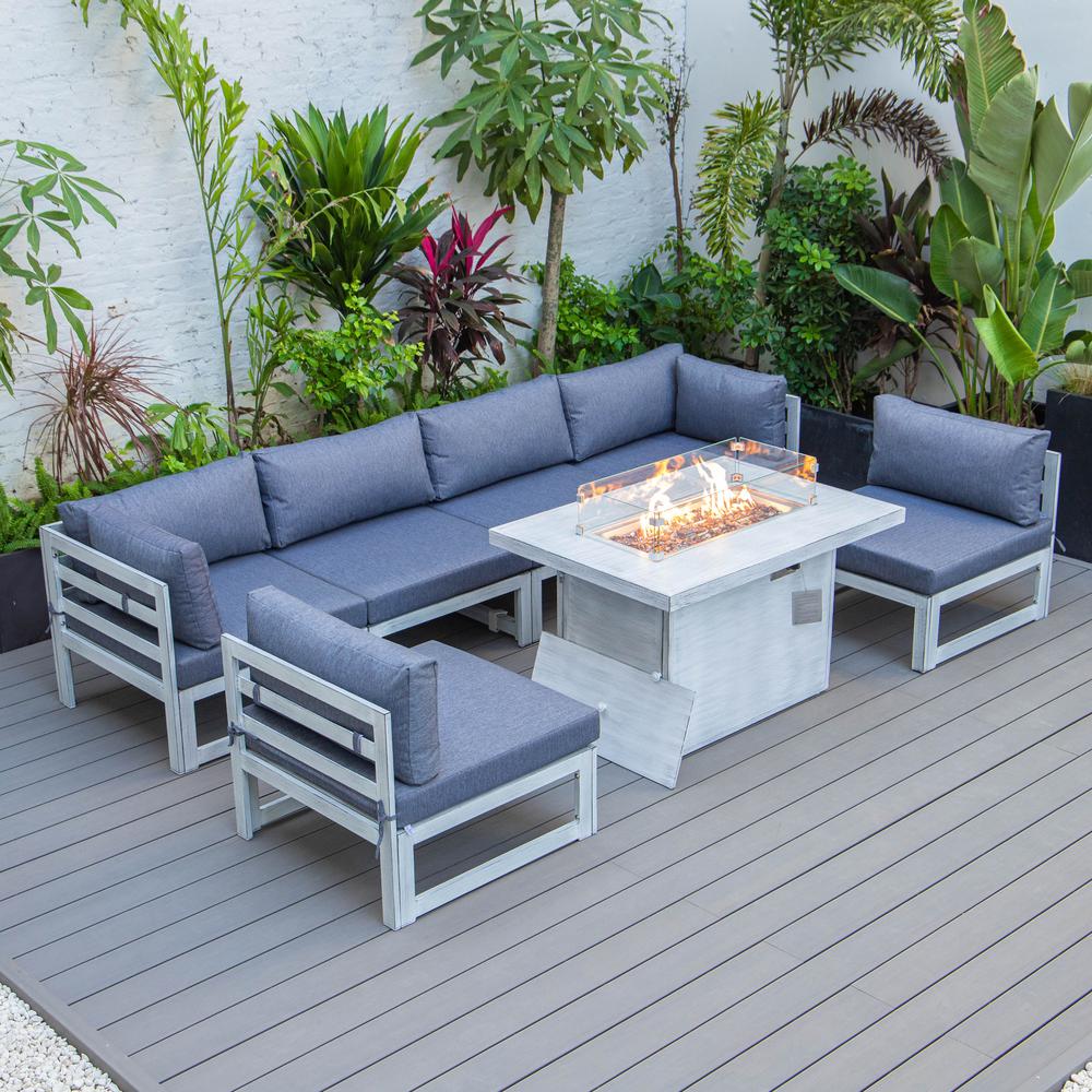 LeisureMod Chelsea 7-Piece Patio Sectional And Fire Pit Table Weathered Grey Aluminum With Cushions CSFWGR-7BU. Picture 1