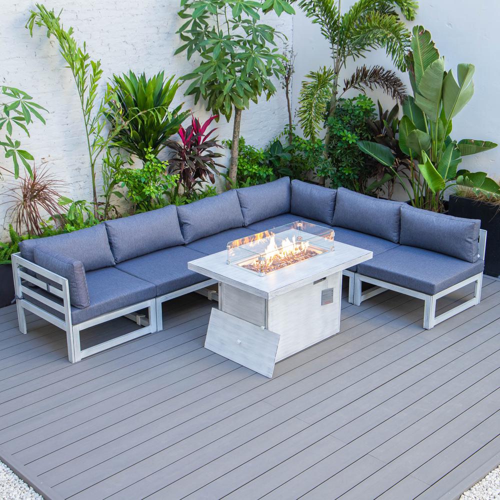 LeisureMod Chelsea 7-Piece Patio Sectional And Fire Pit Table Weathered Grey Aluminum With Cushions CSFWGR-7BU. Picture 3