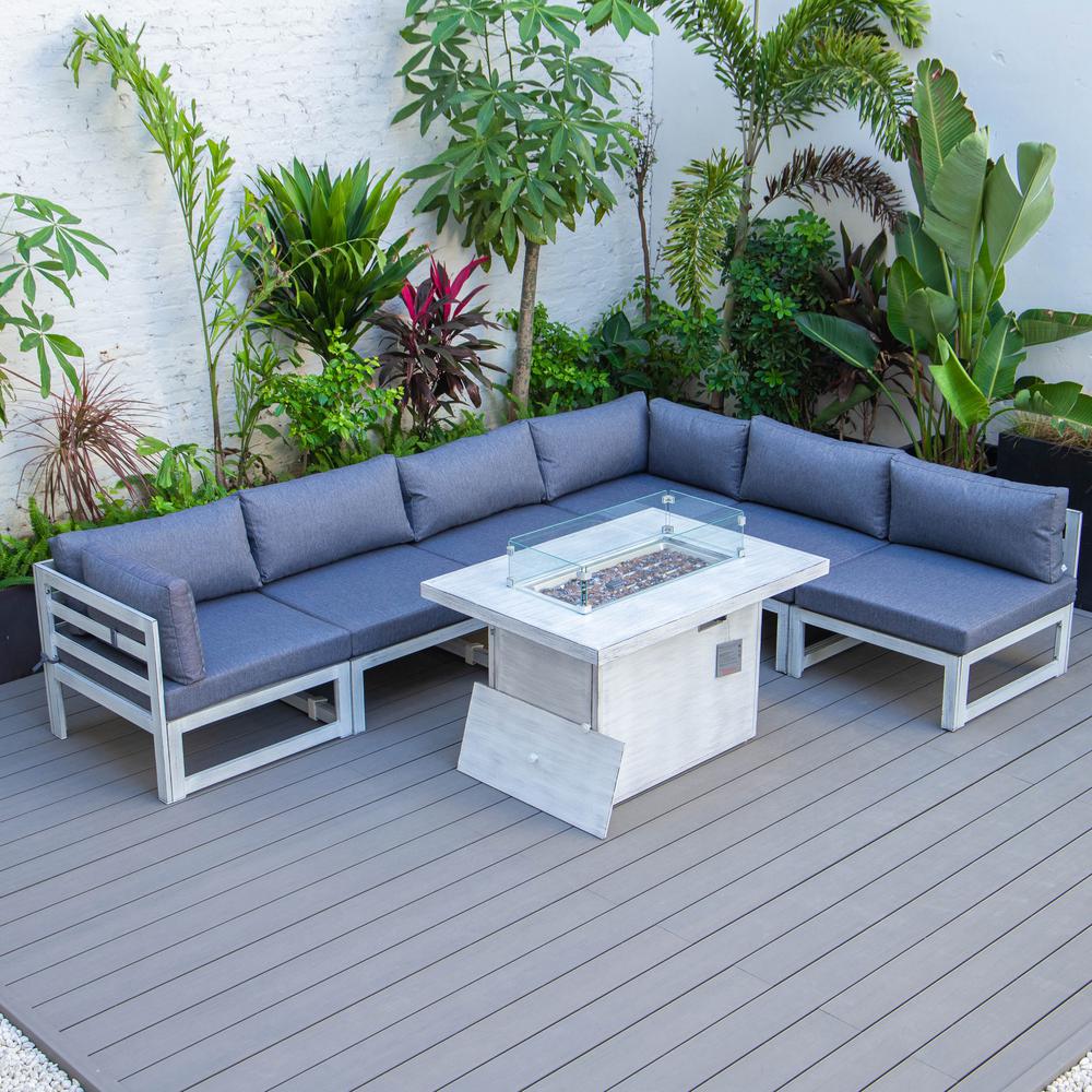 LeisureMod Chelsea 7-Piece Patio Sectional And Fire Pit Table Weathered Grey Aluminum With Cushions CSFWGR-7BU. Picture 4