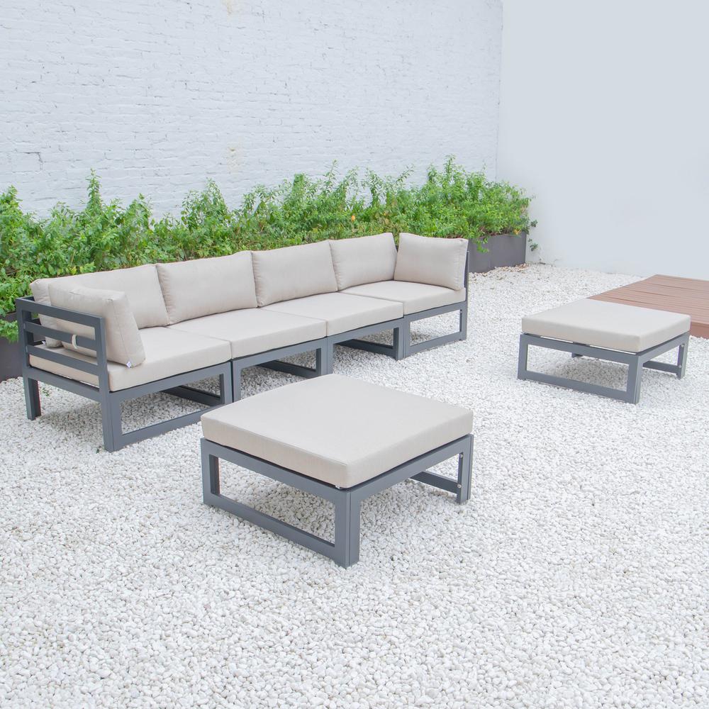 LeisureMod Chelsea 6-Piece Patio Ottoman Sectional Black Aluminum With Cushions CSOBL-6BG. Picture 2