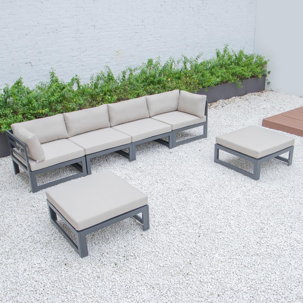 LeisureMod Chelsea 6-Piece Patio Ottoman Sectional Black Aluminum With Cushions CSOBL-6BG. Picture 3