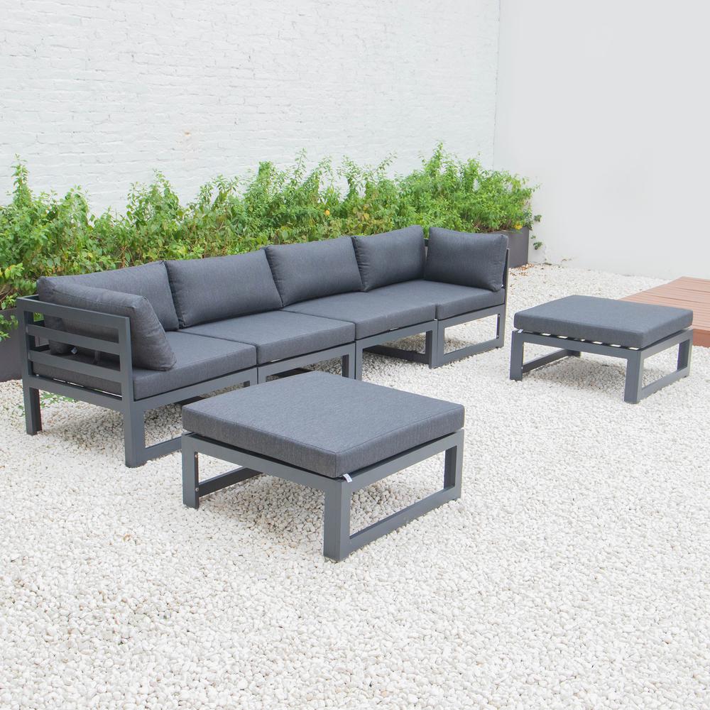 LeisureMod Chelsea 6-Piece Patio Ottoman Sectional Black Aluminum With Cushions CSOBL-6BL. Picture 2