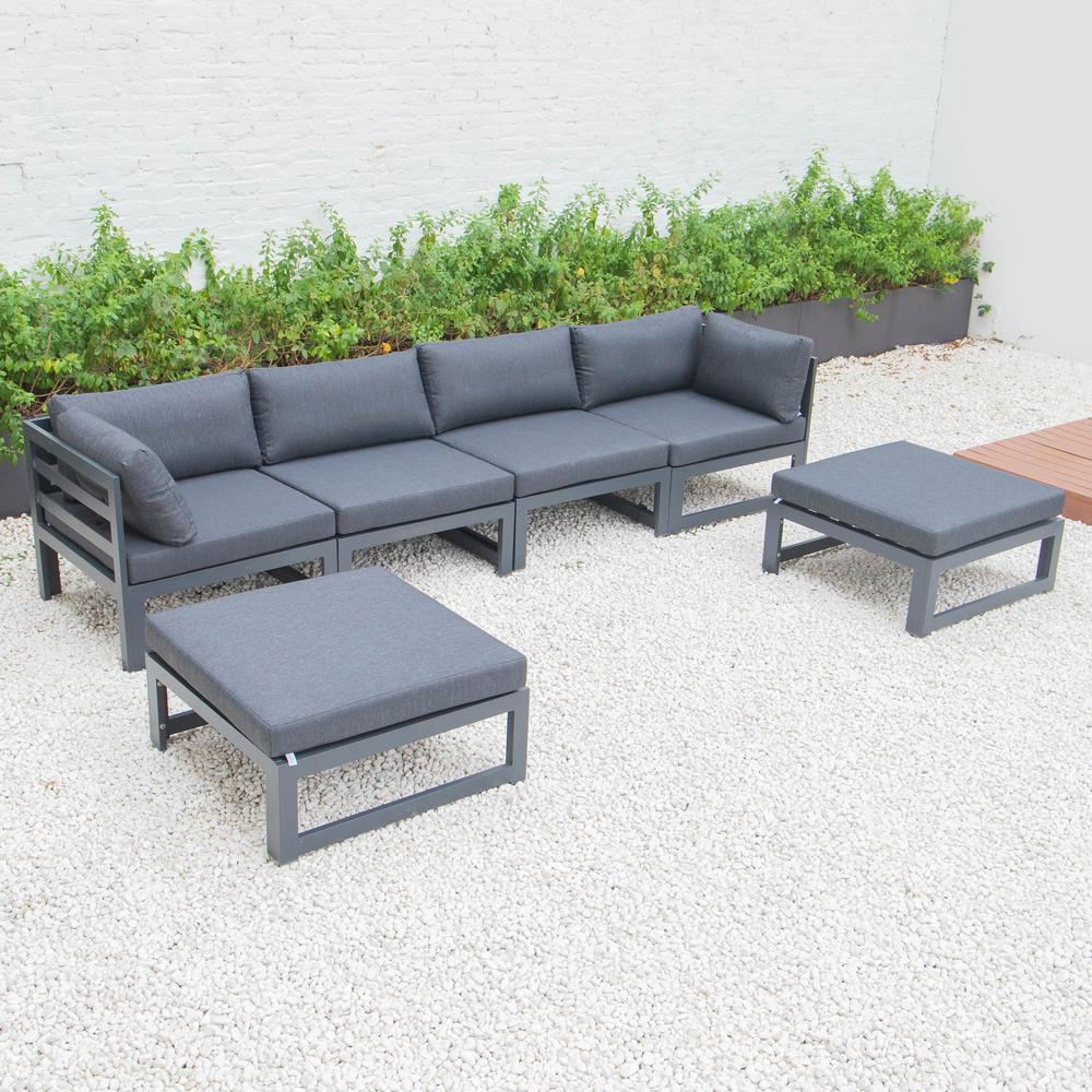 LeisureMod Chelsea 6-Piece Patio Ottoman Sectional Black Aluminum With Cushions CSOBL-6BL. Picture 3