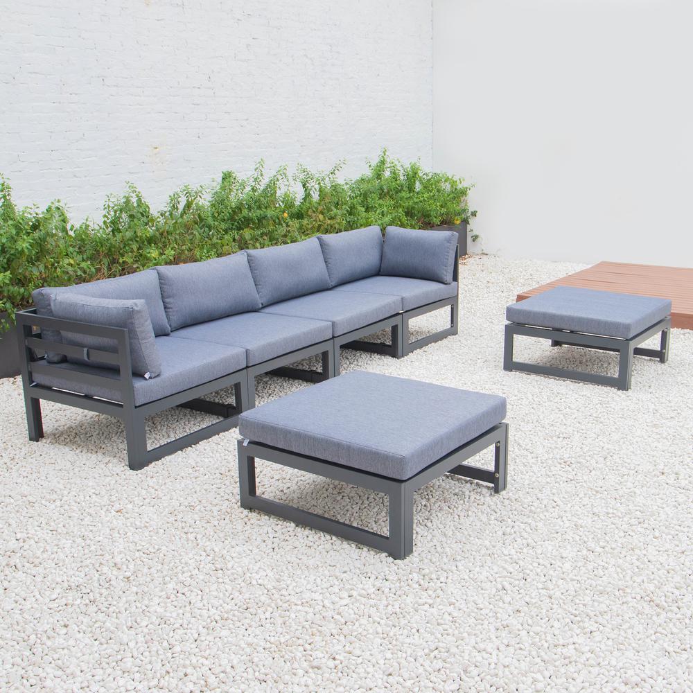 LeisureMod Chelsea 6-Piece Patio Ottoman Sectional Black Aluminum With Cushions CSOBL-6BU. Picture 2